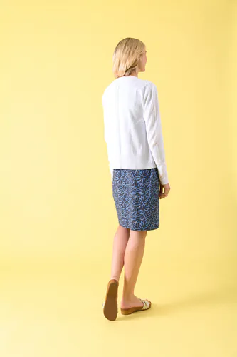 Model wearing Navy Hagley Cardigan By Charlie Jane Available at Beetees Nelson